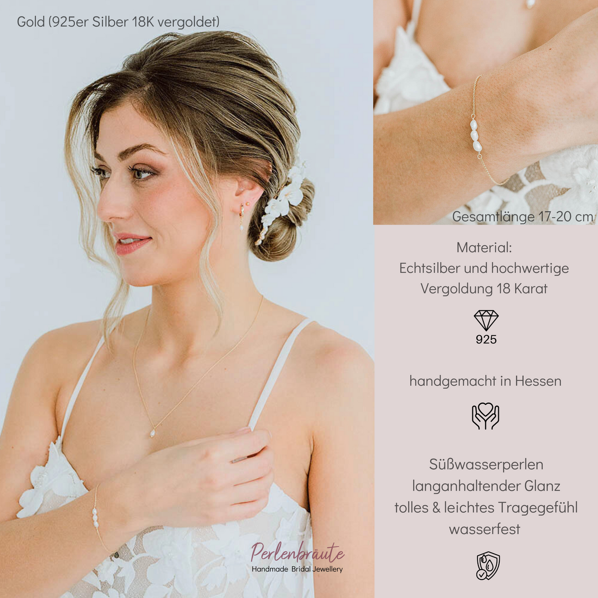 Brautarmband Amelie aus 925 Sterlingsilber 18K vergoldet mit kleinen echten Süßwasserperlen, am Model getragen