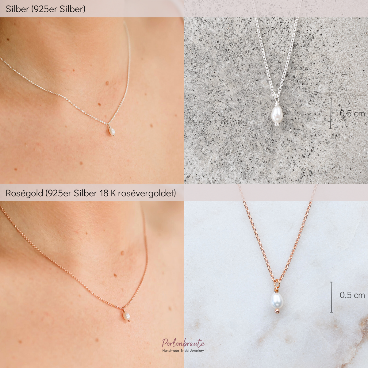 Im Vergleich - Zarte Brauthalskette Amelie aus 925 Sterlingsilber und 18K rosévergoldet mit kleiner echter Süßwasserperle