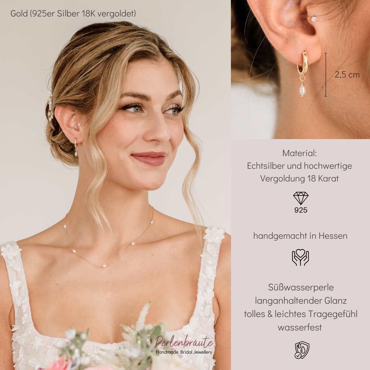 Braut Creolen Amelie aus 925 Sterlingsilber 18K vergoldet mit echter Süßwasserperle, am Model getragen