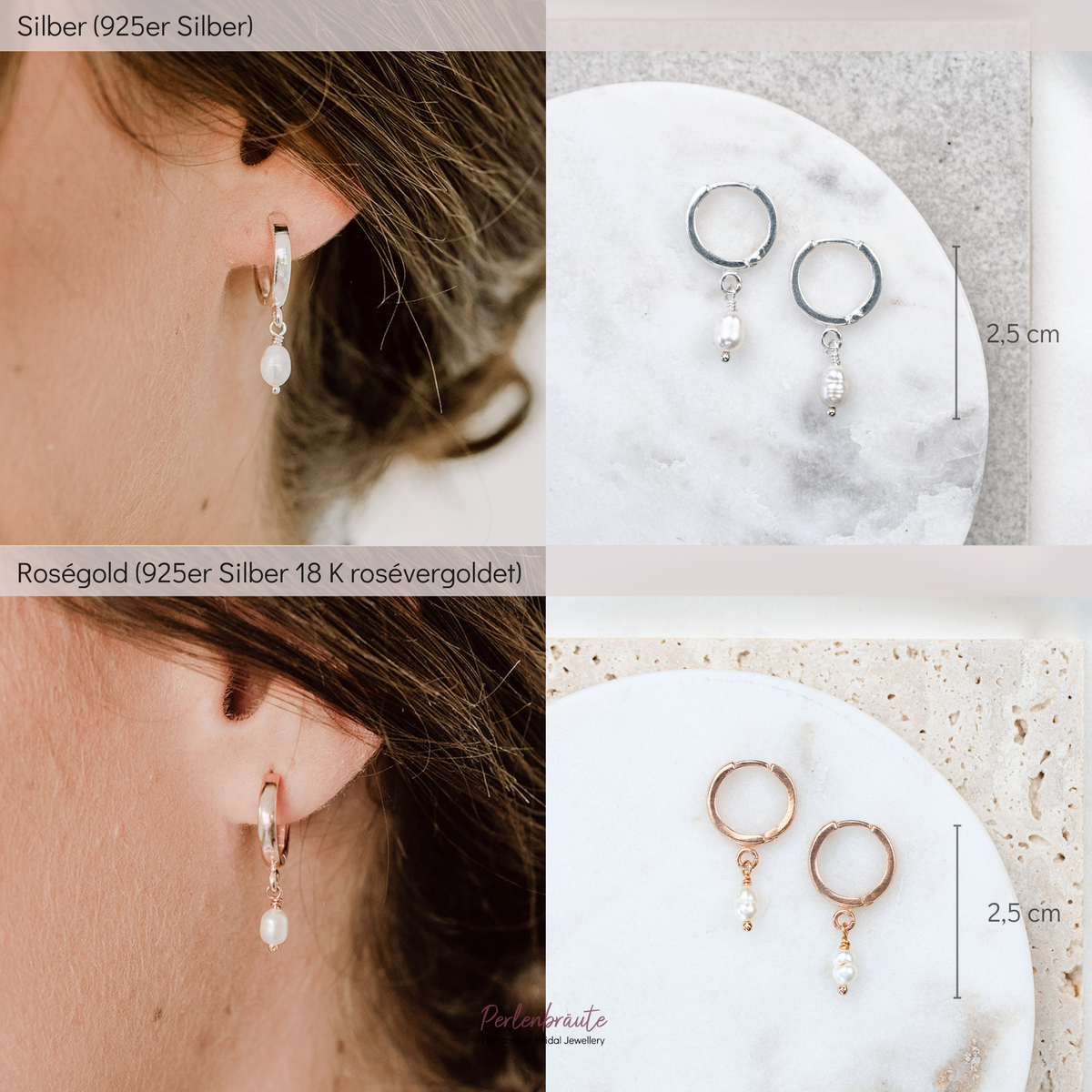 Braut Creolen Amelie im Vergleich – 925 Sterlingsilber und 925 Sterlingsilber 18K rosévergoldet, mit echter Süßwasserperle
