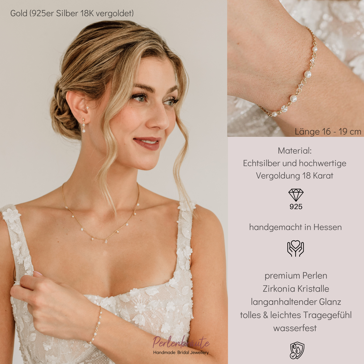 Brautarmband Amina aus 925 Sterlingsilber 18K vergoldet mit veganen Perlen und Zirkonia Kristallen im Wechsel, verstellbar mit Verlängerungskettchen, getragen vom Model