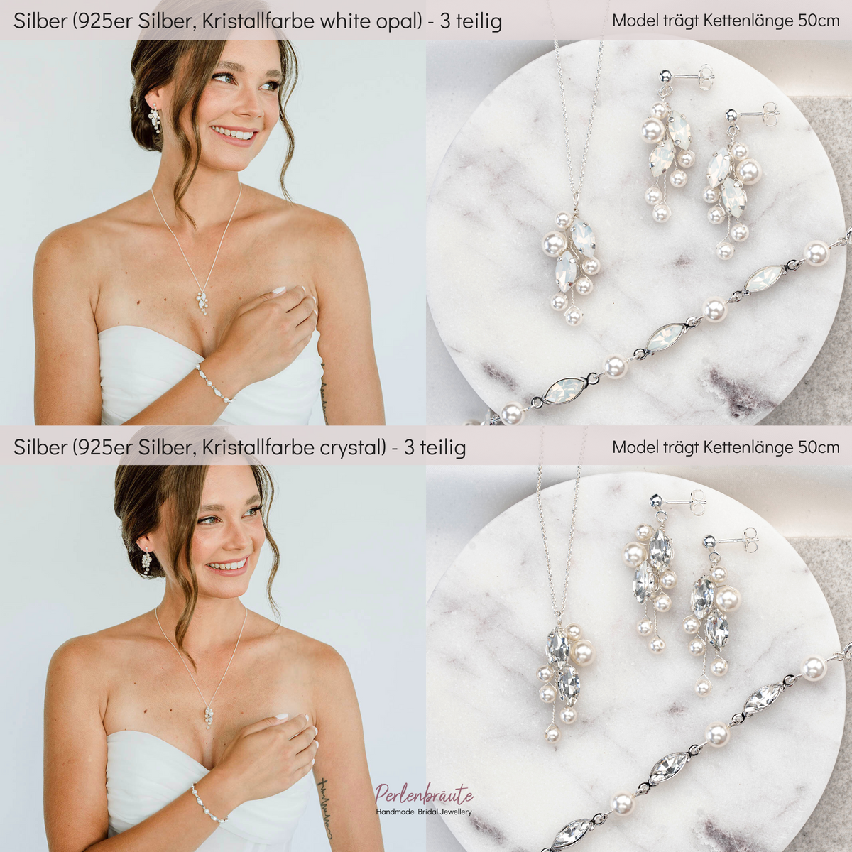 3-teiliges Brautschmuckset Ana aus 925 Sterlingsilber – hängende Ohrringe, Halskette und Armband mit veganen Perlen, white opal und crystal Kristallen in Blattform, im Vergleich
