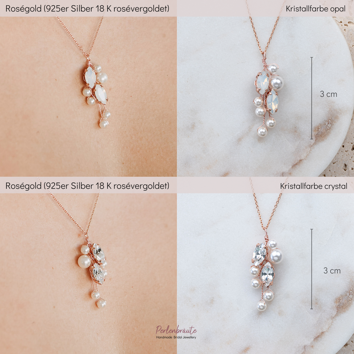 Im Vergleich white opal und crystal Kristalle - Brauthalskette Anastasia aus 925 Sterlingsilber 18K rosévergoldet mit veganen Perlen und blattförmigen Kristallen