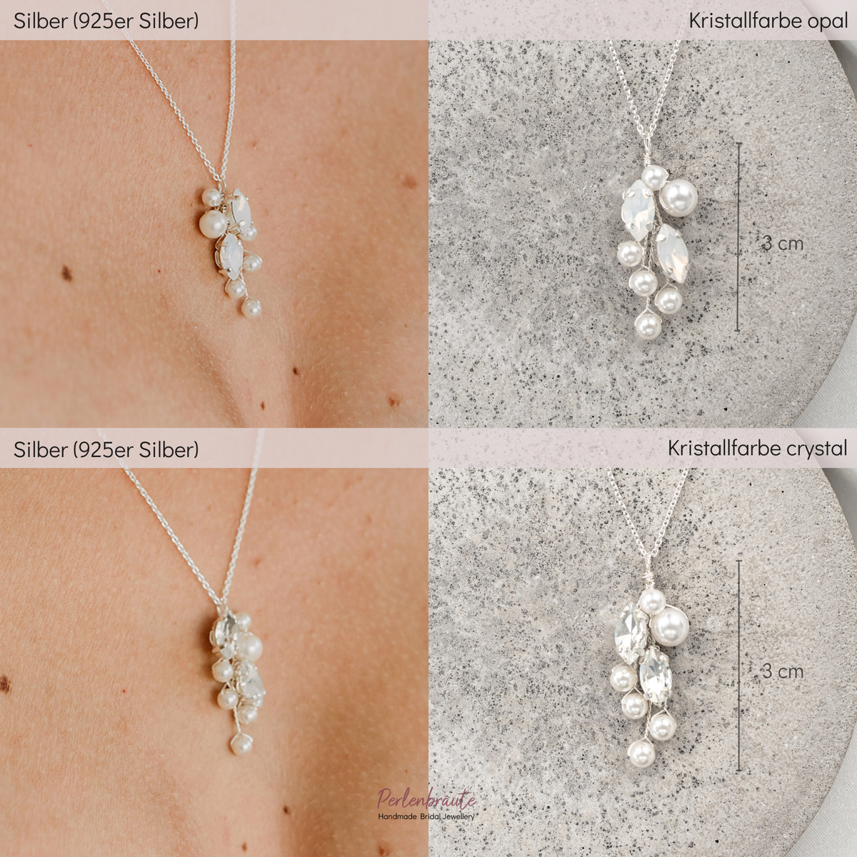 Im Vergleich white opal und crystal Kristalle - Brauthalskette Anastasia aus 925 Sterlingsilber mit veganen Perlen und blattförmigen Kristallen