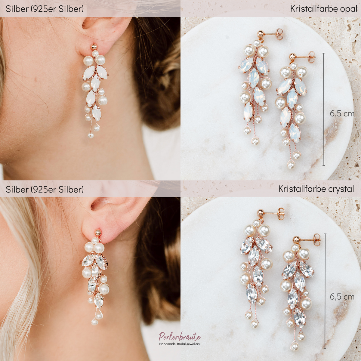 Brautohrringe Anastasia im Vergleich – 925 Sterlingsilber 18K rosévergoldet mit white opal und klaren Kristallen