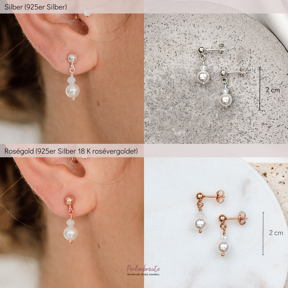 Produktvergleich Silber versus rosévergoldet: Brautohrringe Kugelohrstecker mit kleiner Kristallperle und darunter hängender runder Perle, liegend auf runder Marmorplatte und getragen am Ohr vom Model.