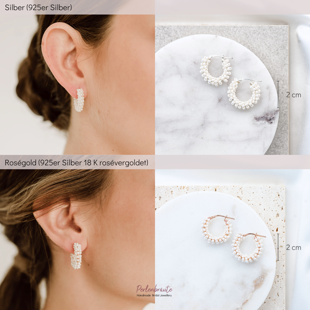 Braut Creolen Belina im Vergleich – 925 Sterlingsilber und 925 Sterlingsilber 18K rosévergoldet, mit kleinen Perlen