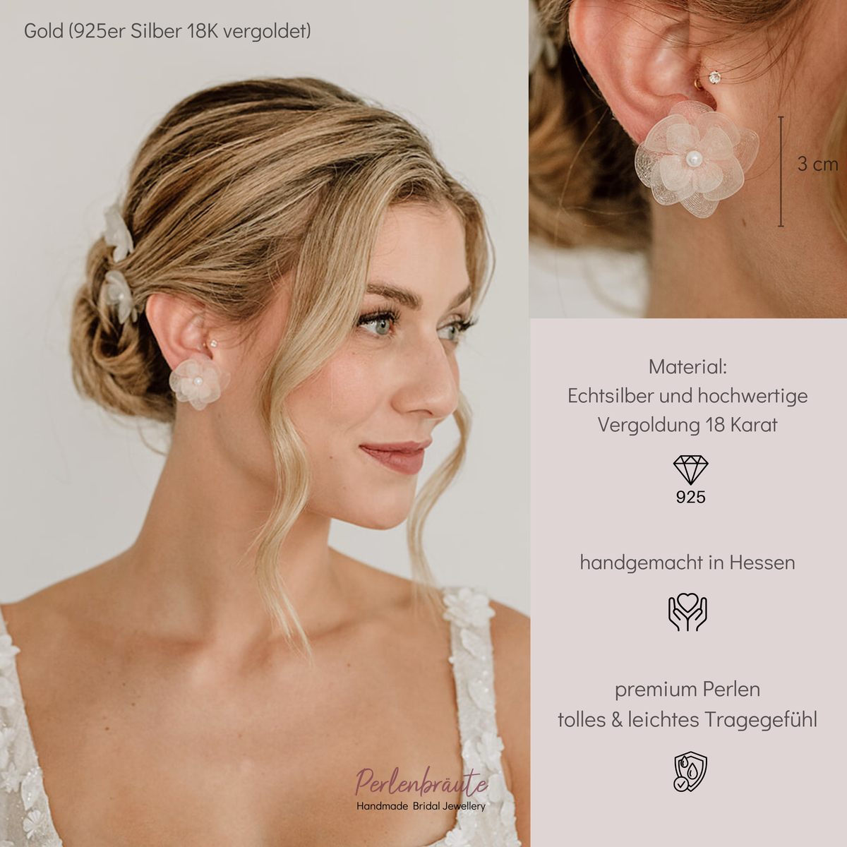 Braut Ohrstecker Carry klein aus 925 Sterlingsilber 18K vergoldet mit weißen Blüten aus biobasiertem, nachhaltigen Material und veganer Perle, am Model getragen