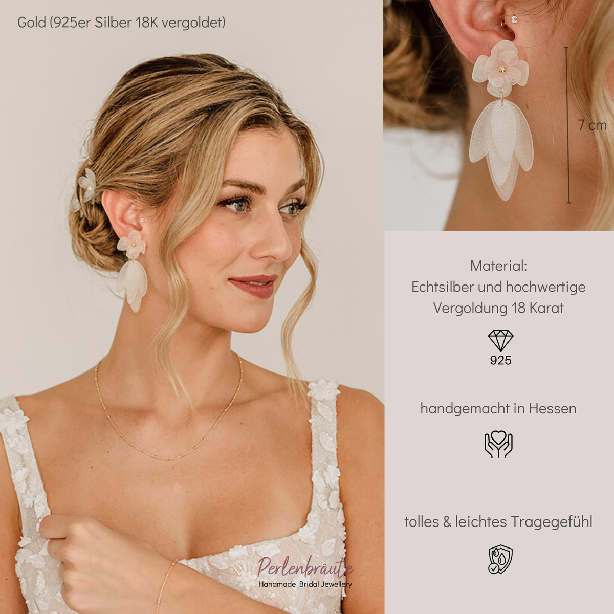 Statement Brautohrringe Chiara mit weißen Blüten aus biobasiertem, nachhaltigen Material, aus 925 Sterlingsilber 18K vergoldet, am Model getragen