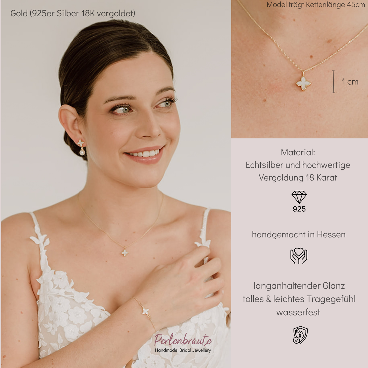 Brauthalskette Daisy aus 925 Sterlingsilber 18K vergoldet mit kleiner perlmuttfarbener Blüte, am Model getragen