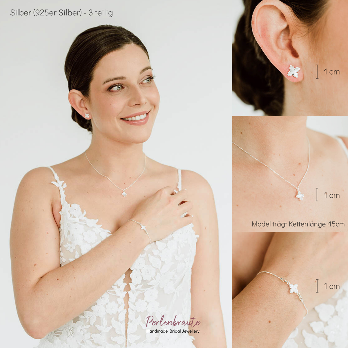 3-teiliges Brautschmuckset Daisy aus 925 Sterlingsilber – Ohrringe, Halskette und Armband mit perlmuttfarbener Blüte, getragen am Model