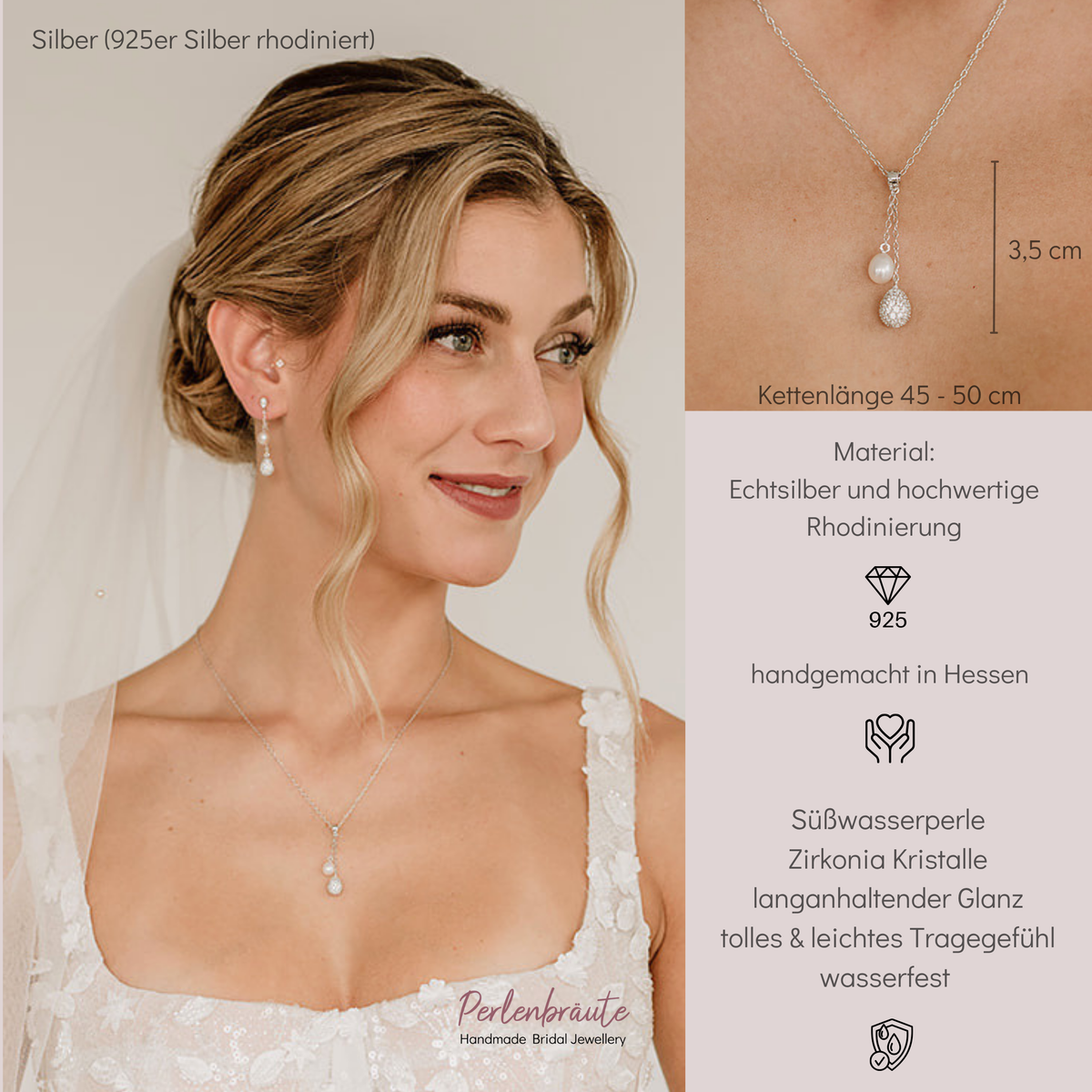 Brauthalskette Elaine aus 925 Sterlingsilber mit echter Süßwasserperle und einem Tropfen besetzt mit Zirkonia Kristallen an einem feinen Kettchen, am Model getragen