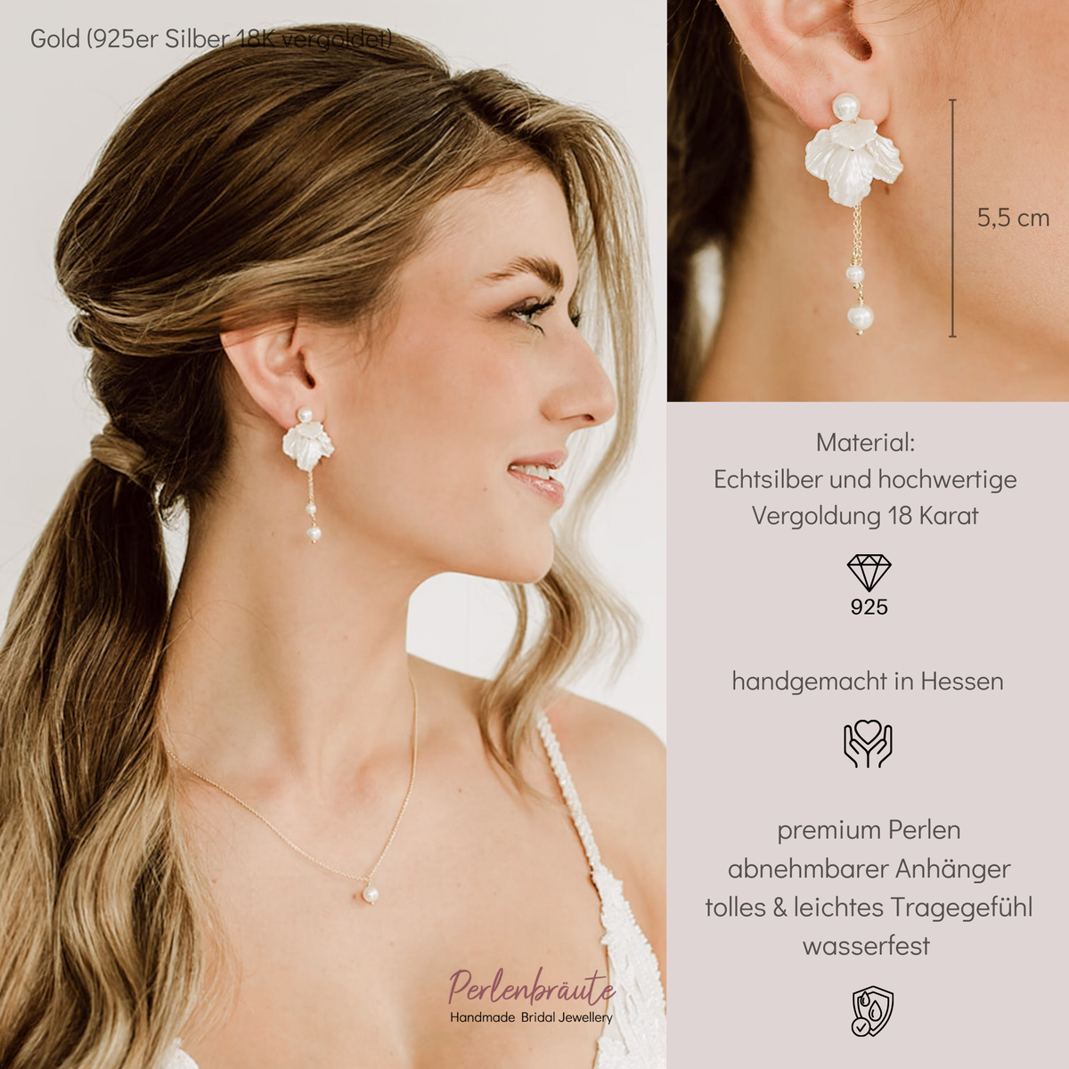 Hängende Brautohrringe Faye aus 925 Sterlingsilber 18K vergoldet mit Blättern und veganer Perle, am Model getragen