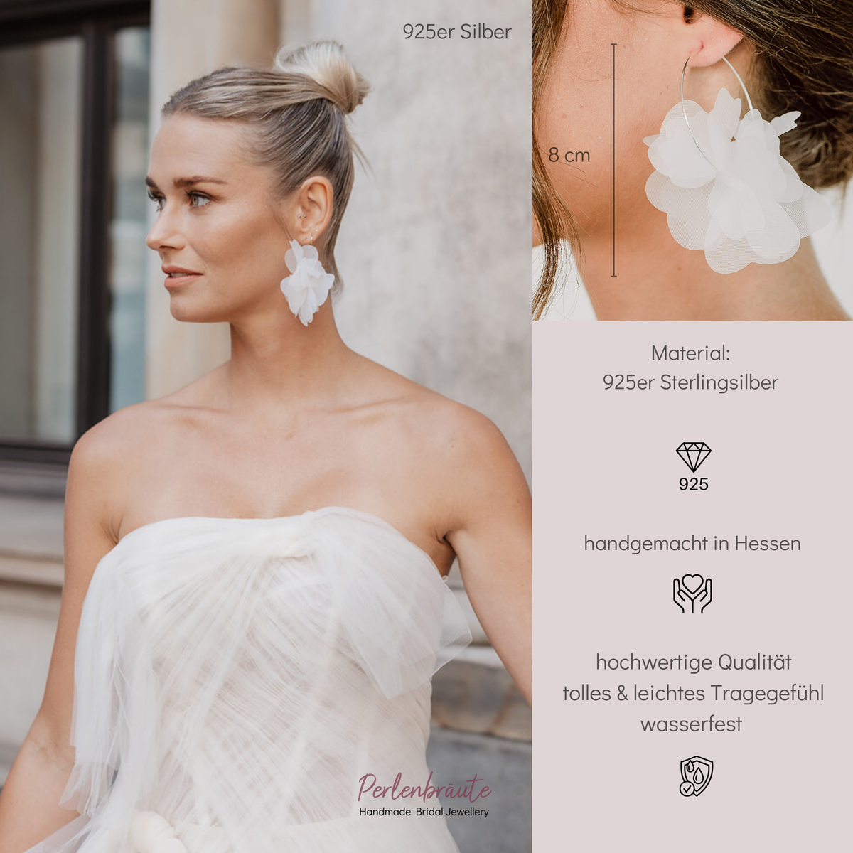 Braut Creolen Flora aus 925 Sterlingsilber mit weißen Stoffblüten, getragen von einem Braut Model