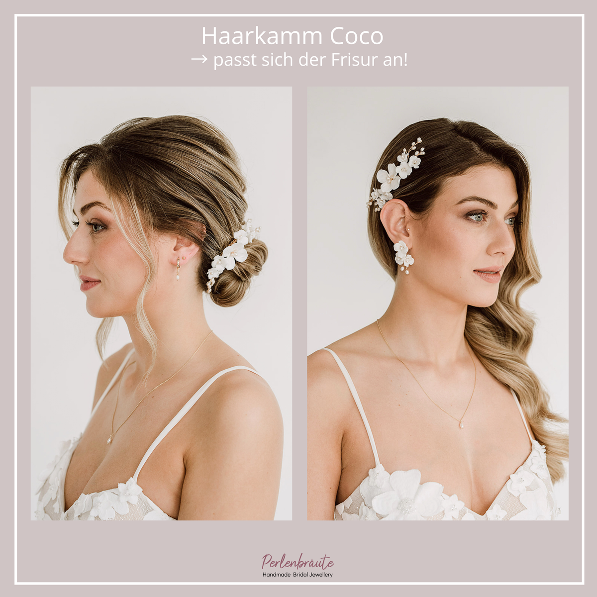 Im Vergleich - Braut Haarkamm Coco in Gold mit weißen Porzellanblüten und echten Süßwasserperlen, getragen in einer eleganten Hochsteckfrisur und einer halboffenen Brautfrisur