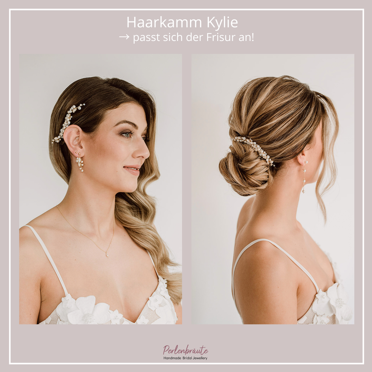 Vergleichsbild im halboffenen Haar und hochgesteckter Brautfrisur - Braut Haarkamm Kylie in Gold mit veganen Perlen, Kristallperlen und white opal Kristallen