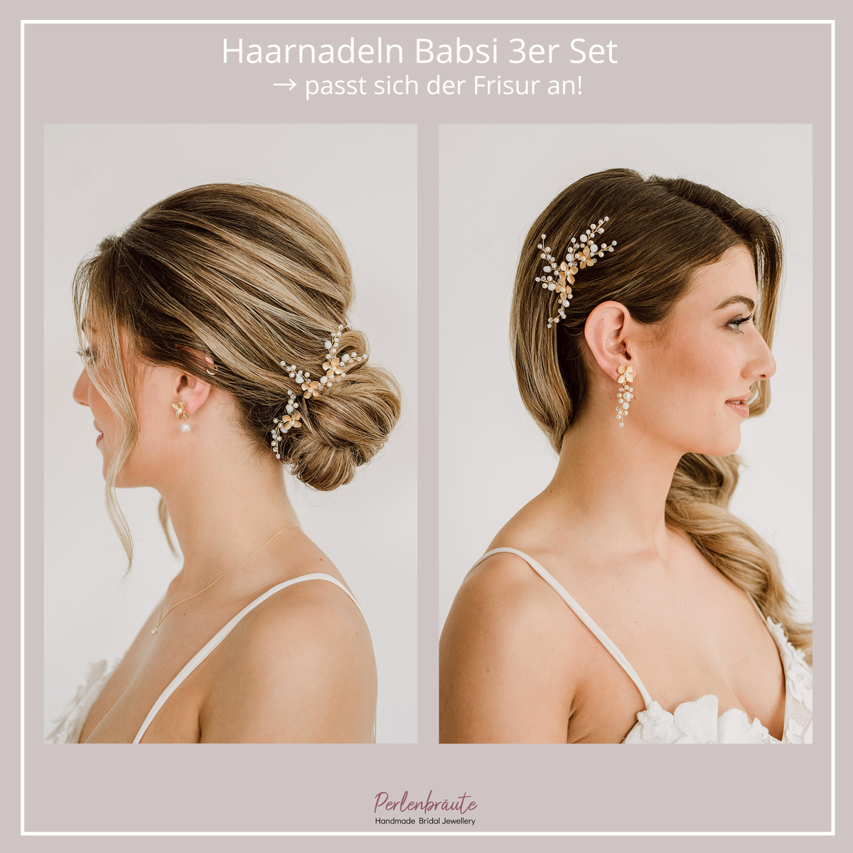 Im Vergleich - 3er Set Braut Haarnadeln Babsi in Gold mit floralen Blüten, Kristallperlen und veganen Perlen, getragen in einer eleganten Hochsteckfrisur und einer halboffenen Brautfrisur