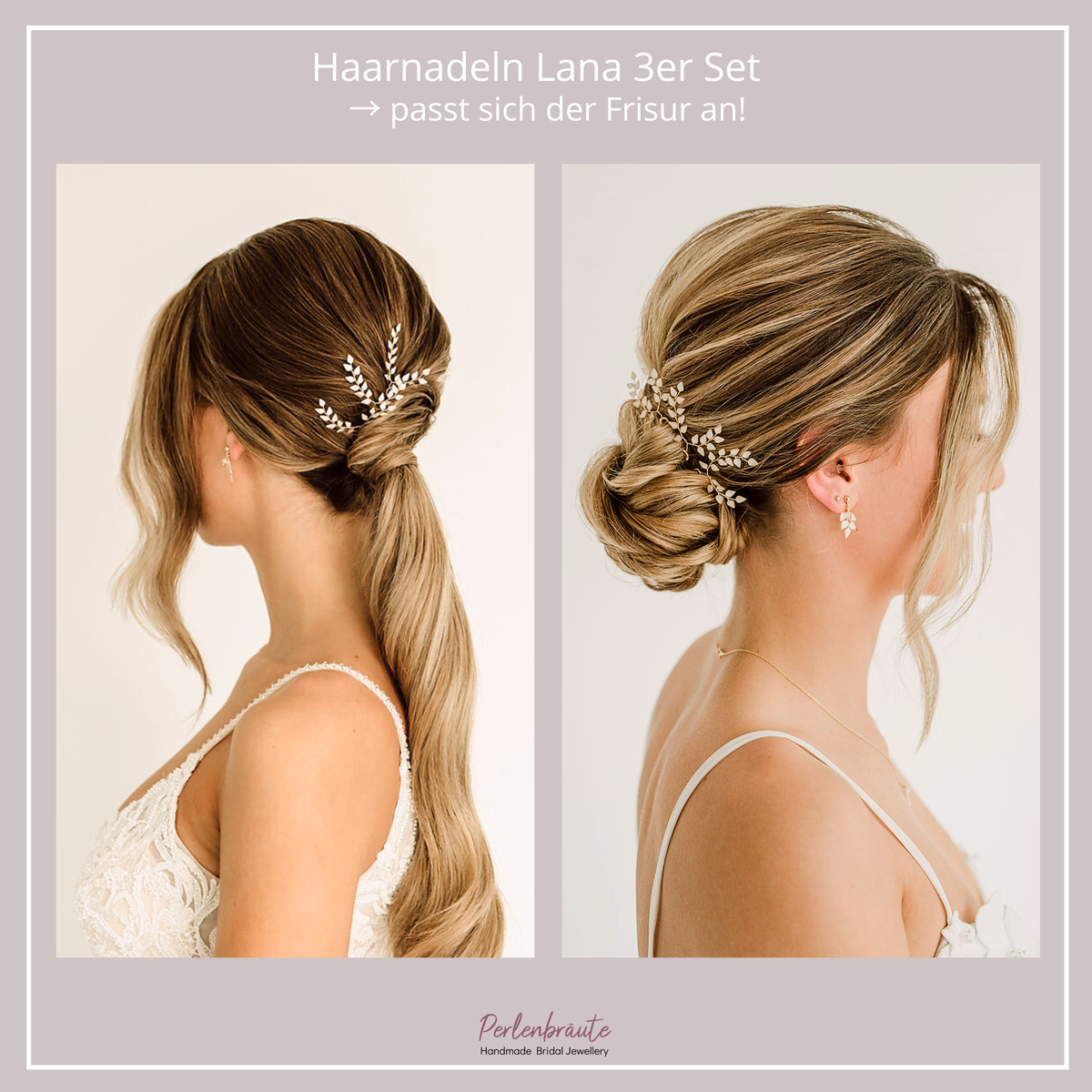 Braut Haarnadeln Lana in Gold im Vergleich – 3er Set mit ivoryfarbenen Blättern, getragen in einer halboffenen Brautfrisur