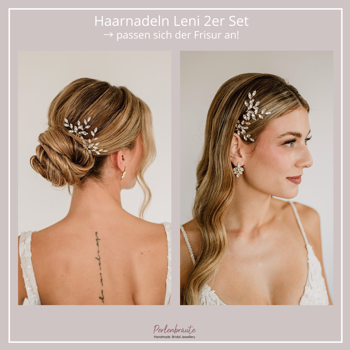 Im Vergleich - 2er Set Braut Haarnadeln Leni in Gold mit blattförmigen Kristallen, am Model. mit Hochsteckbrautfrisur und offener Brautfrisur, getragen
