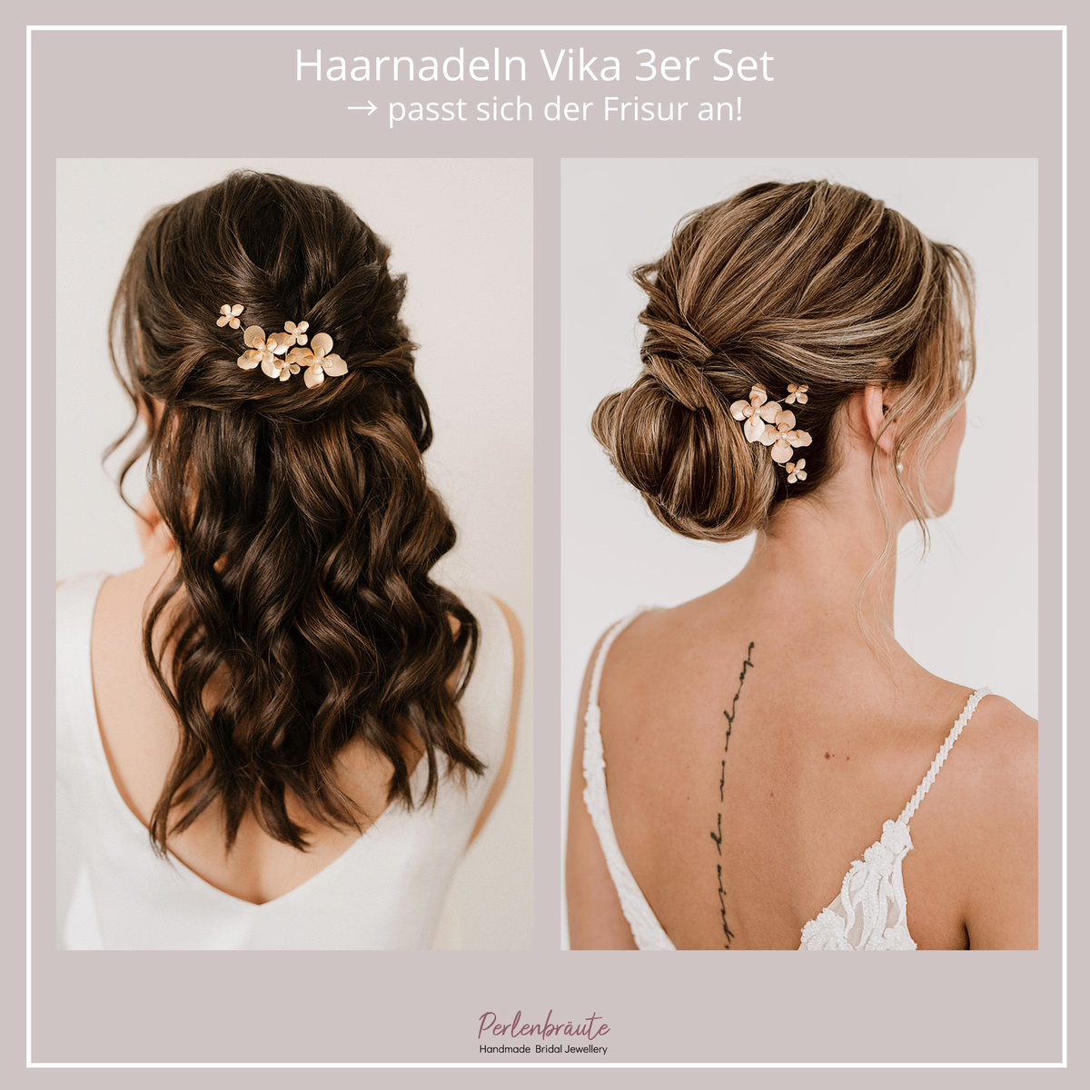 3er Set Braut Haarnadeln Vika im Vergleich, getragen in verschiedenen Braut Frisuren