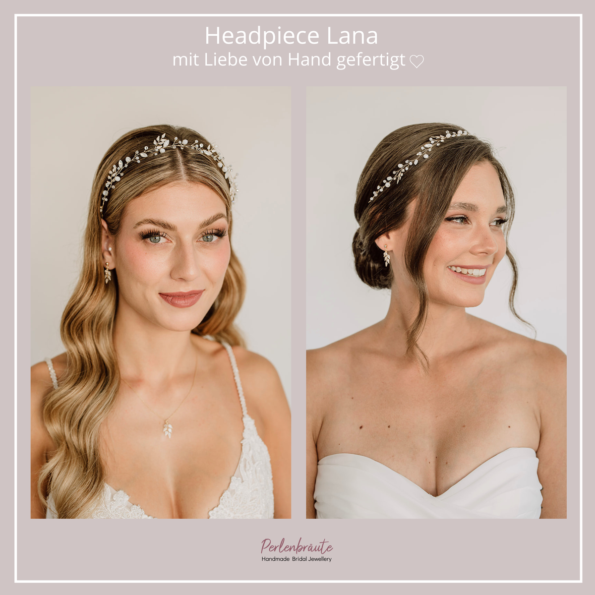 Braut Headpiece Lana in Gold im Vergleich – florales Haarband mit ivoryfarbenen Blättern, getragen in offener und hochgesteckter Brautfrisur