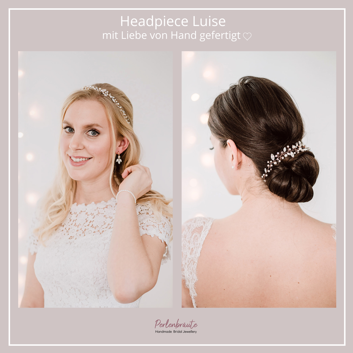 Im Vergleich - Braut Headpiece Luise in Gold mit Perlen und Kristallen, getragen in einer halboffenen Brautfrisur und einem Dutt