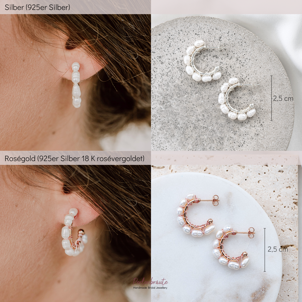 Braut Creolen Heidi im Vergleich – 925 Sterlingsilber und 925 Sterlingsilber 18K rosévergoldet, mit echten Süßwasserperlen in Reihe gesetzt