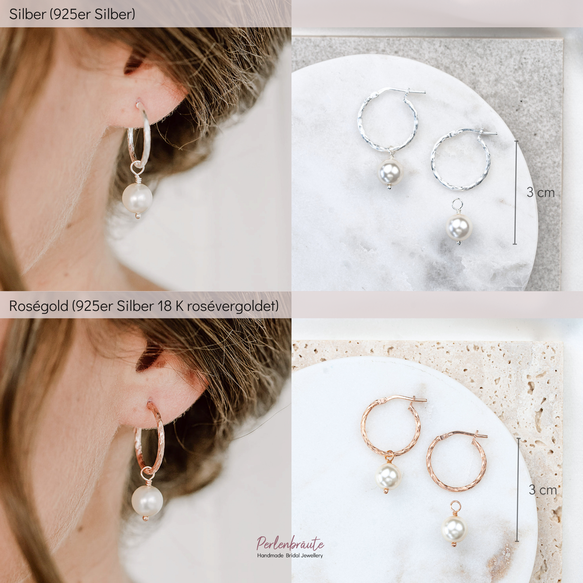 Brautohrringe Holly im Vergleich – 925 Sterlingsilber und 925 Sterlingsilber 18K rosévergoldet, mit abnehmbarem Perlenanhänger