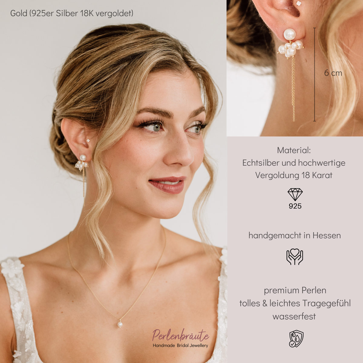 Statement Brautohrringe Jess aus 925 Sterlingsilber 18K vergoldet mit veganen Perlen und feinem Kettchen, am Model getragen