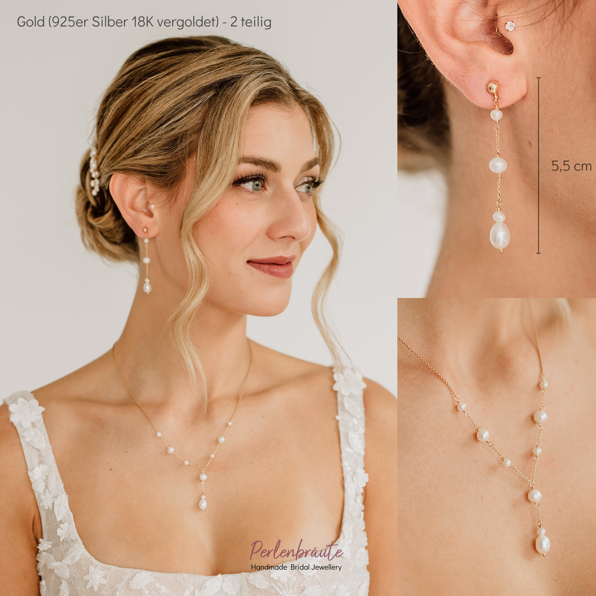 2-teiliges Brautschmuckset Joy aus 925 Sterlingsilber 18K vergoldet – Y-Halskette und hängende Ohrringe mit echten, unterschiedlich großen Süßwasserperlen, am Model
