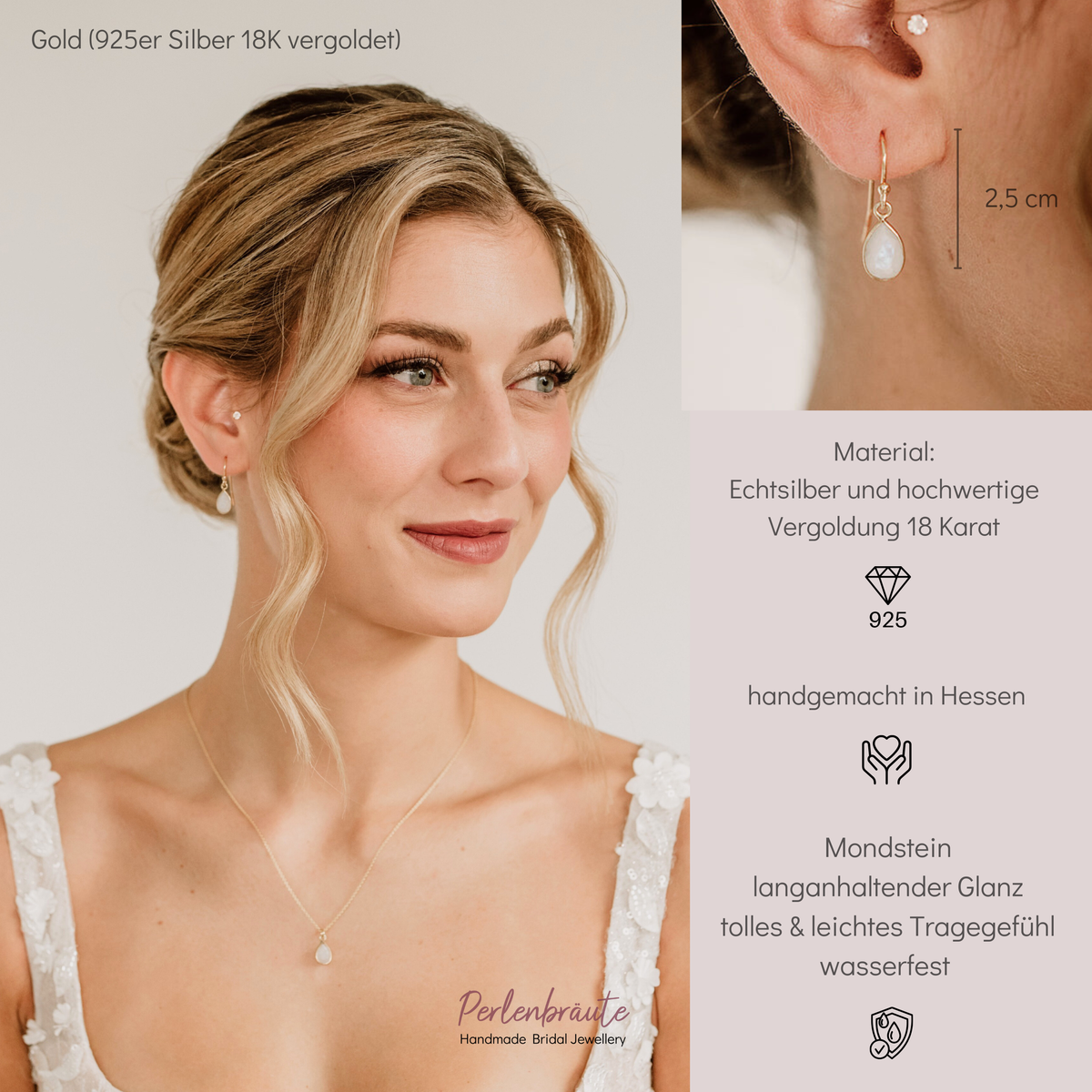 Braut Ohrringe Juna aus 925 Sterlingsilber 18K vergoldet mit tropfenförmigem Mondstein und passender Halskette Juna, am Model getragen
