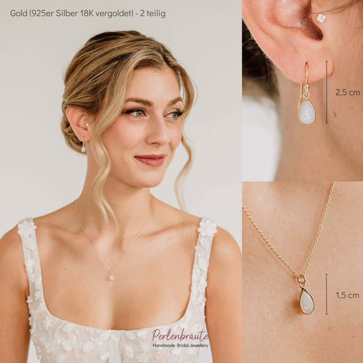 2-teiliges Brautschmuckset Juna aus 925 Sterlingsilber 18K vergoldet – Halskette und Ohrringe mit echtem Mondstein in Tropfenform, am Model getragen
