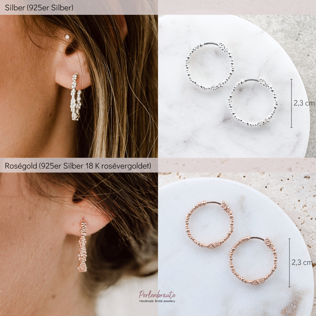 Braut Creolen Kalli im Vergleich – 925 Sterlingsilber und 925 Sterlingsilber 18K rosévergoldet, ohne Perle