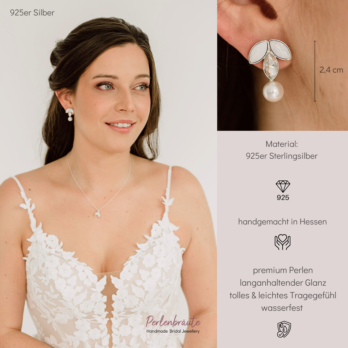 Brautohrringe Katy aus 925 Sterlingsilber mit white opal und crystal Kristallen in Blattform und veganer Perle, am Model getragen in Nahaufnahme