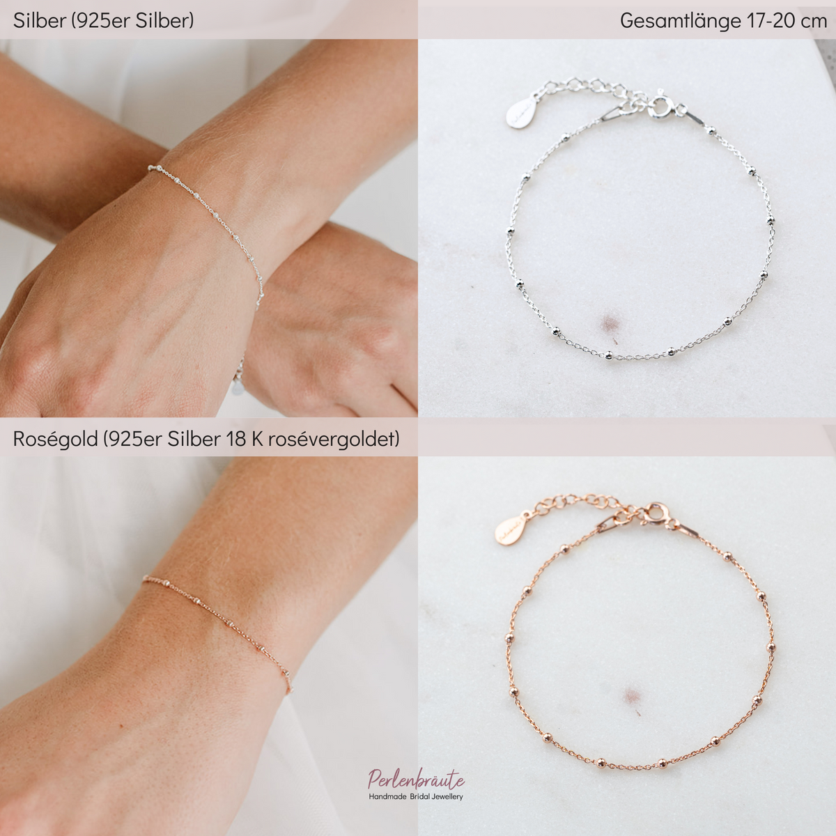 Im Vergleich - Dezentes Brautarmband Kaya Silber und Rosévergolder mit kleinen Kugeln, am Model getragen in Nahaufnahme