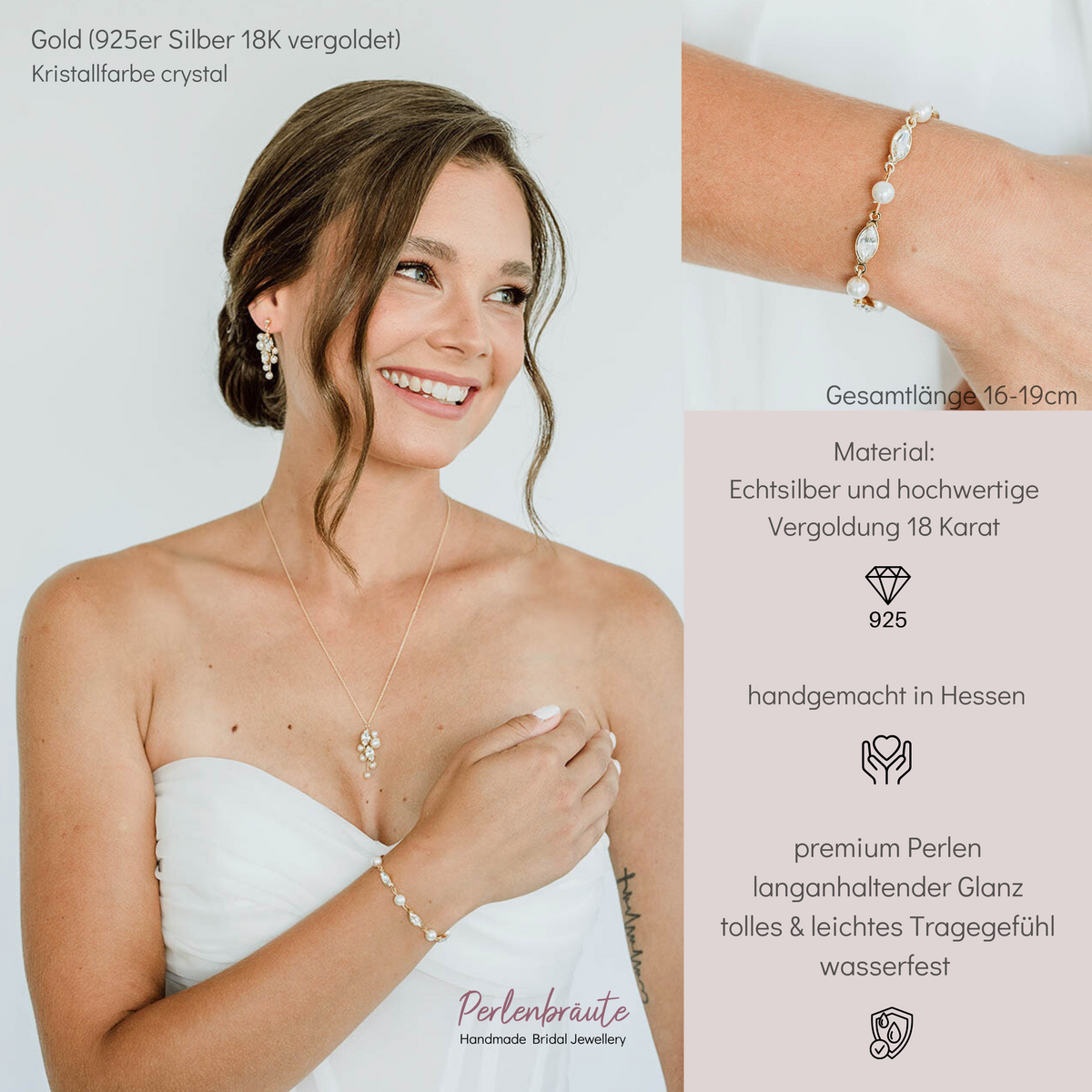 Brautarmband Kylie aus 925 Sterlingsilber 18K vergoldet mit veganen Perlen und crystal Kristallen im Wechsel, am Model getragen in Nahaufnahme