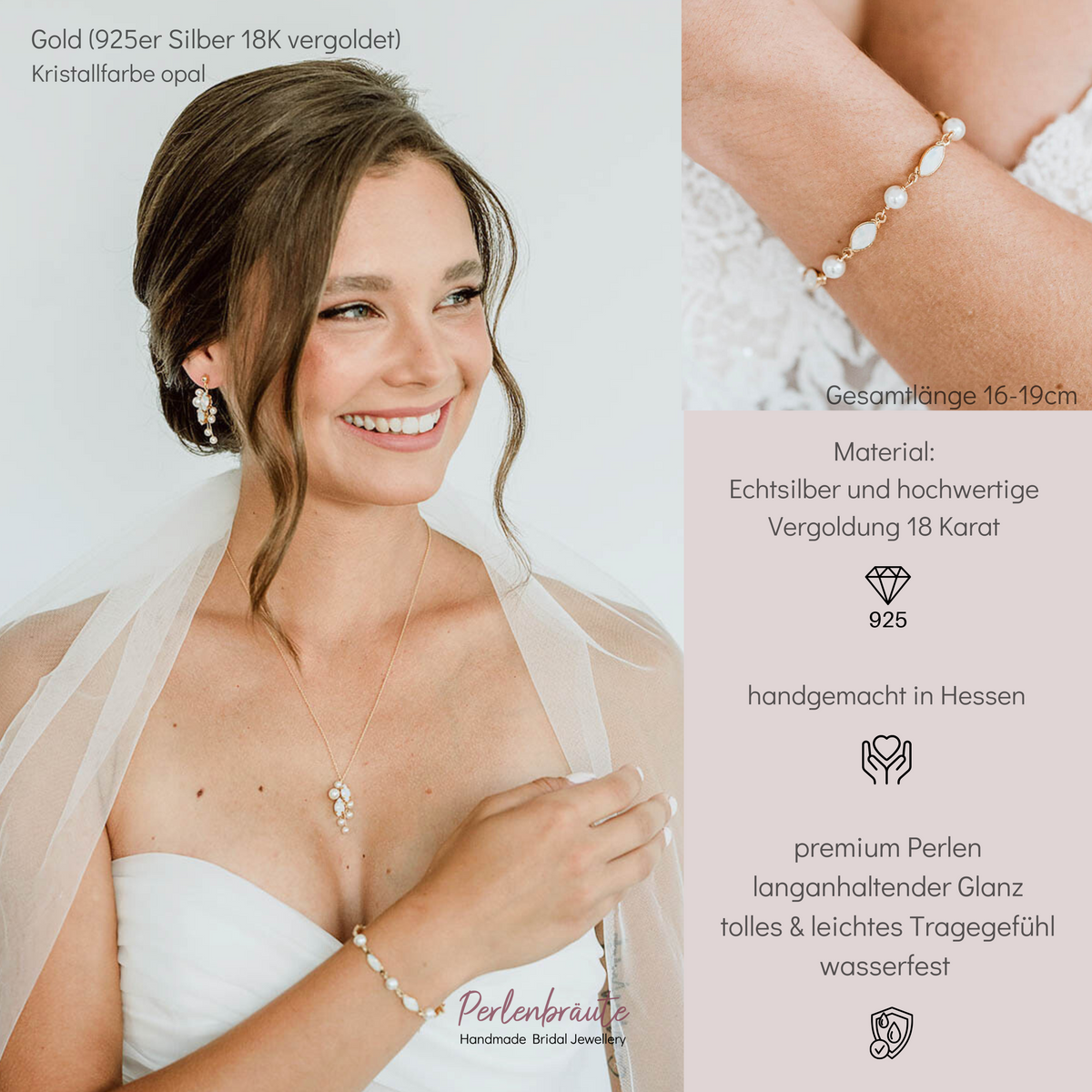 Brautarmband Kylie aus 925 Sterlingsilber 18K vergoldet mit veganen Perlen und white opal Kristallen im Wechsel, am Model getragen