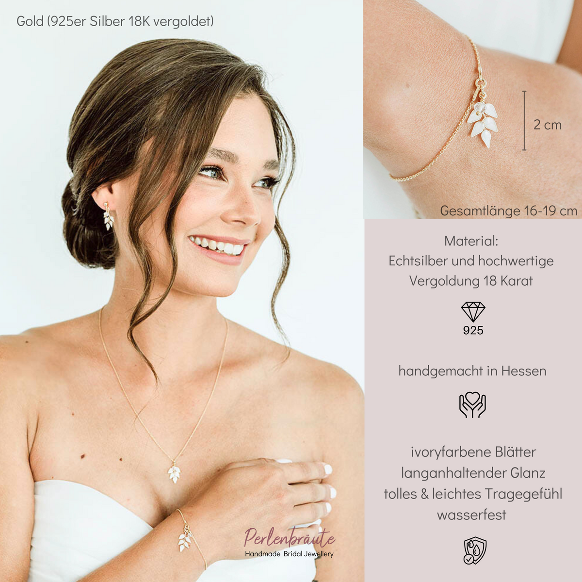 Schönes Brautarmband Lana aus 925 Sterlingsilber 18K vergoldet mit ivoryfarbenem Blattanhänger und Kristallperle, am Model getragen