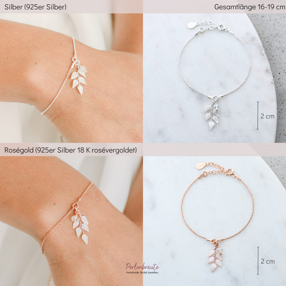 Brautarmband Lana im Vergleich – 925 Sterlingsilber 18K vergoldet und 925 Sterlingsilber, ivoryfarbener Blattanhänger mit Kristallperle