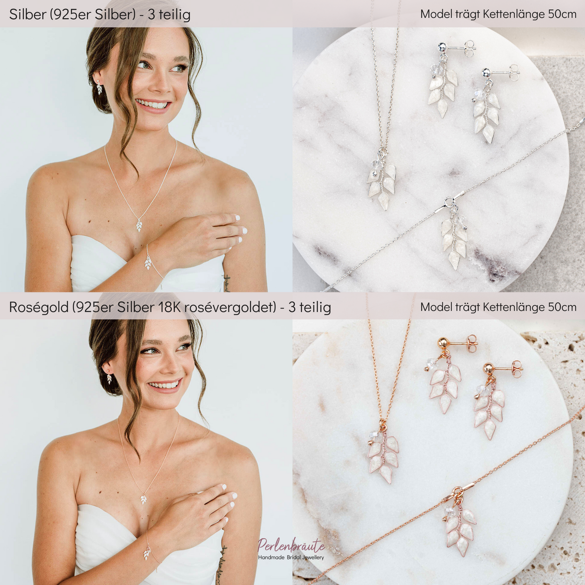 Brautschmuckset Lana im Vergleich – 925 Sterlingsilber und 925 Sterlingsilber 18K rosévergoldet mit Blattanhängern