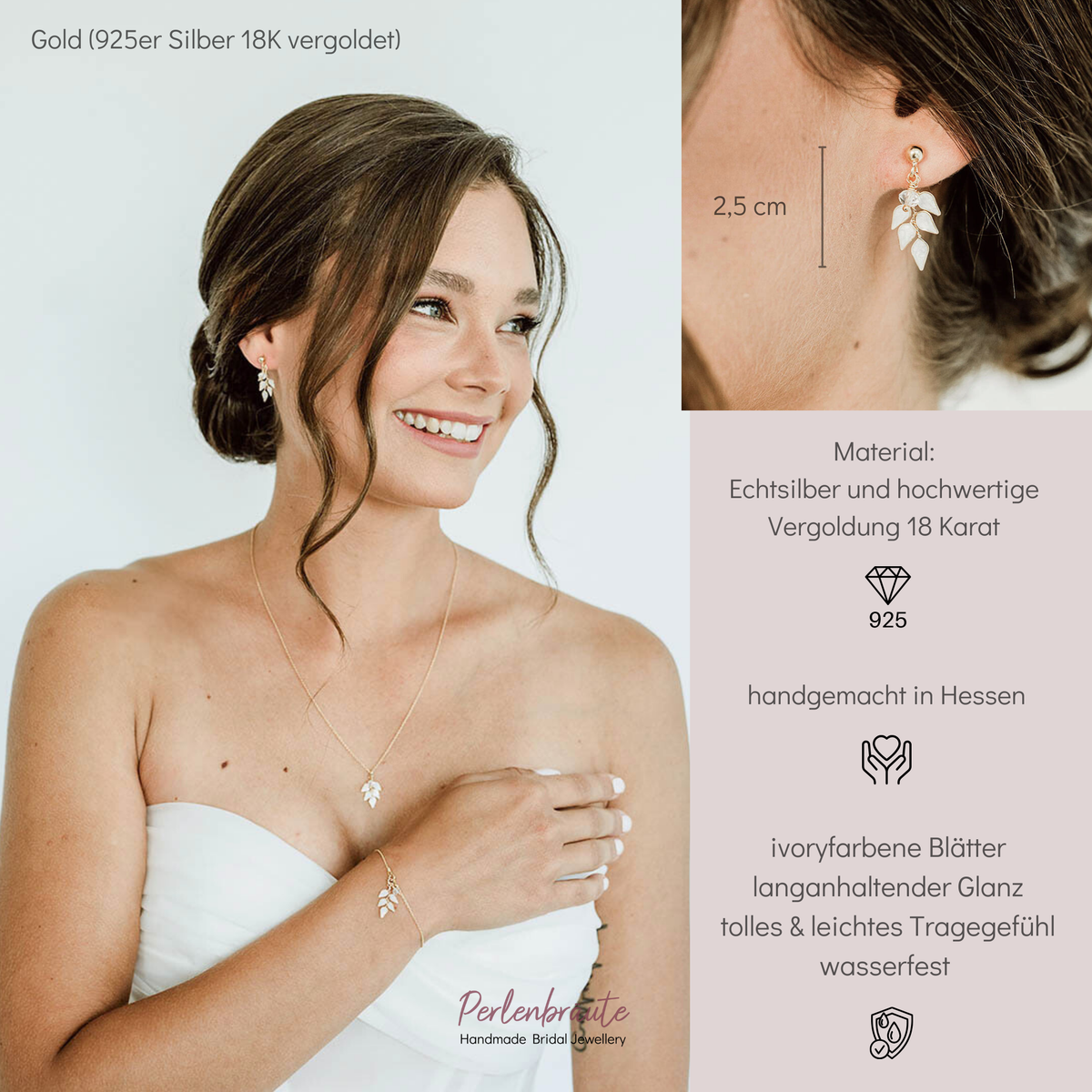 Hängende Brautohrringe Lana klein aus 925 Sterlingsilber 18K vergoldet mit ivoryfarbenen Blättern, am Model getragen
