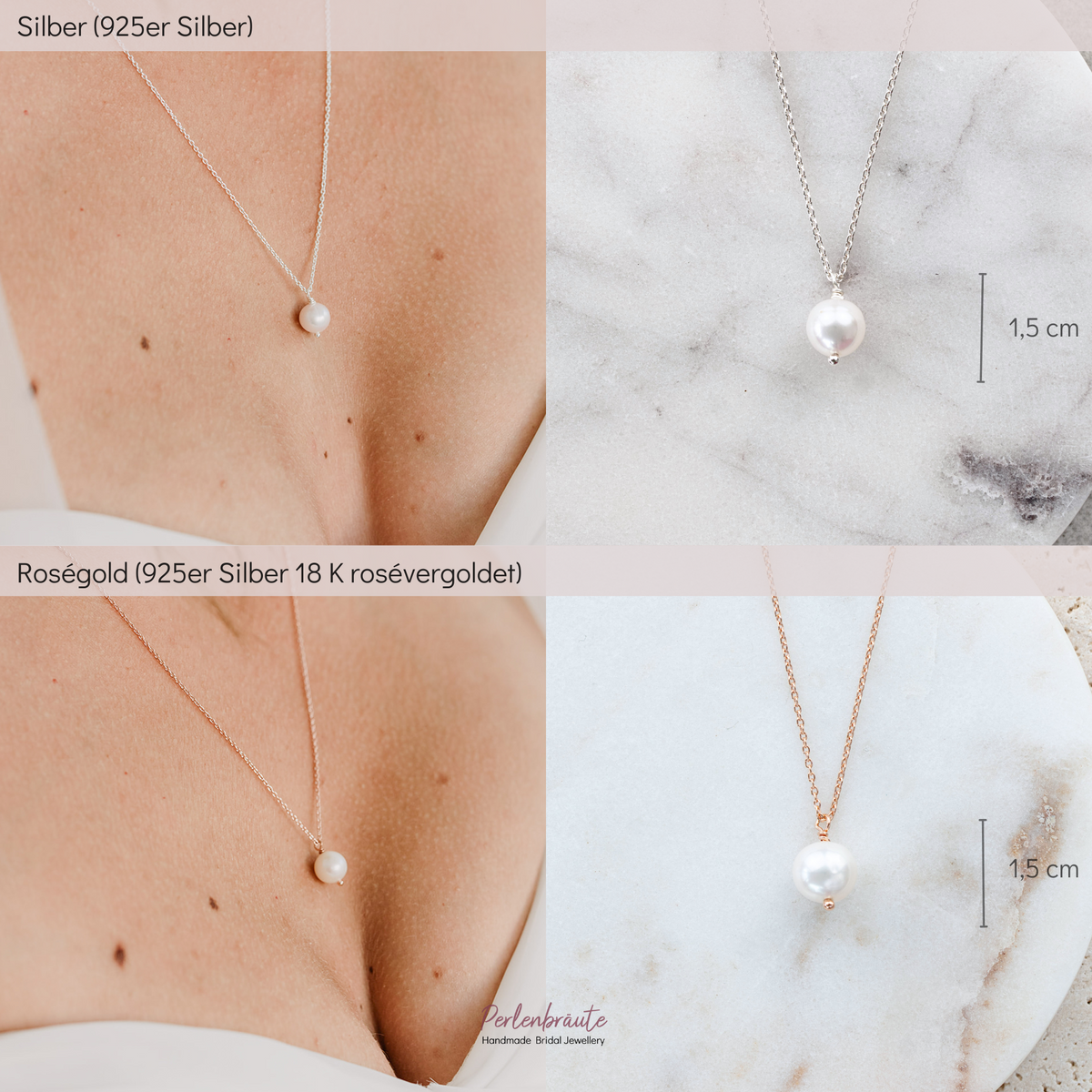 Im Vergleich - klassische Brauthalskette Linda aus 925 Sterlingsilber und 18K rosévergoldet mit einer echten Süßwasserperle