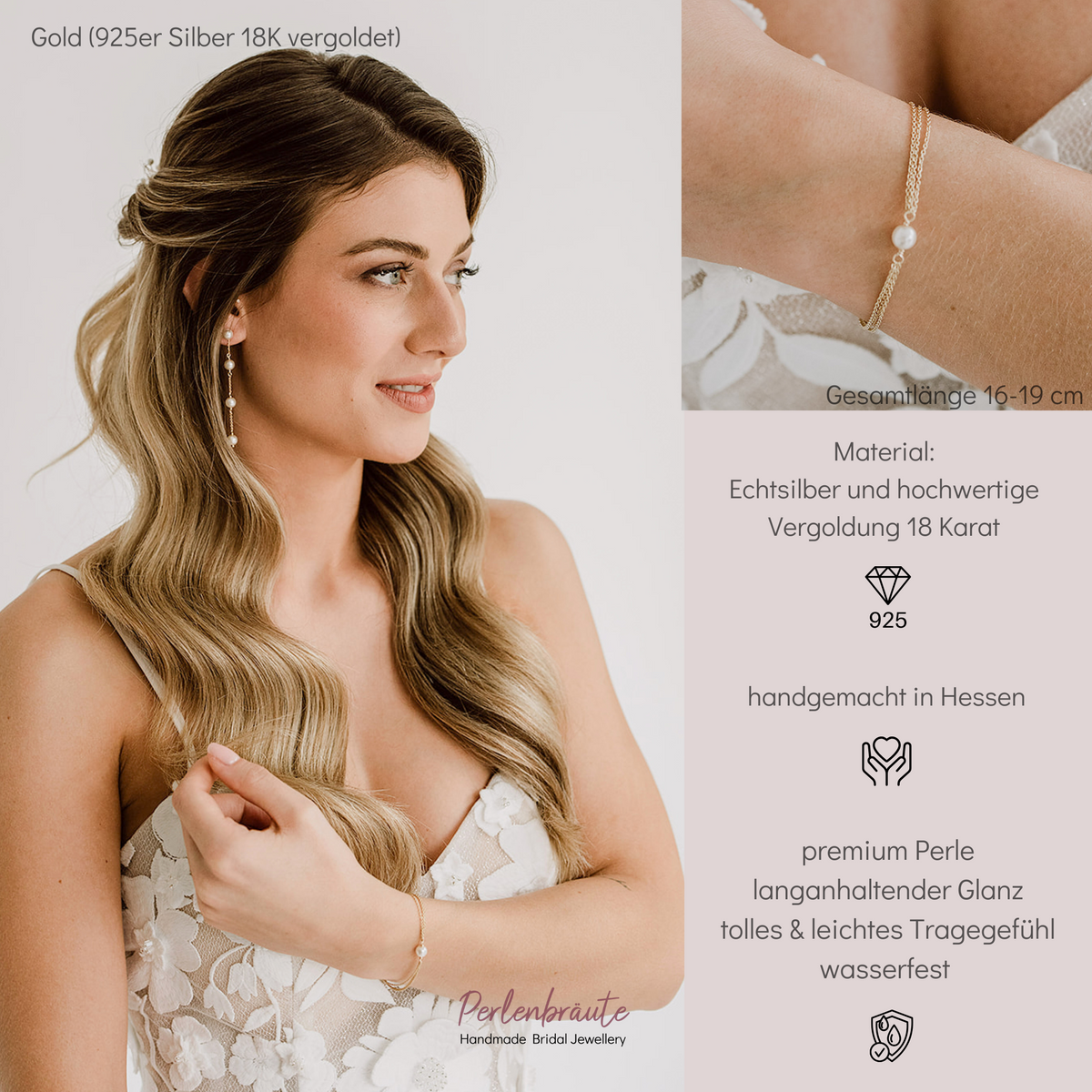 Brautarmband Lola aus 925 Sterlingsilber 18K vergoldet mit einer veganen Perle 6mm und zarten Gliederkettchen, von einer Braut am Handgelenk getragen