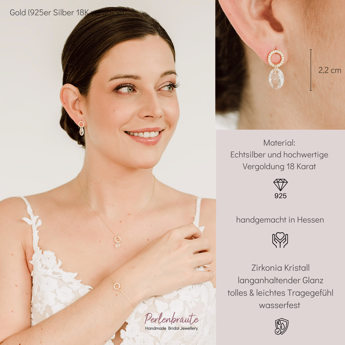 Hängender Braut Ohrring Mimi aus 925 Sterlingsilber 18 K vergoldet mit Zirkonia Kristallen und facettiertem Kristall, am Model getragen