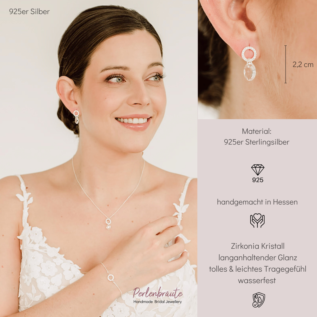 Hängender Braut Ohrring Mimi aus 925 Sterlingsilber mit Zirkonia Kristallen und facettiertem Kristall, am Model getragen