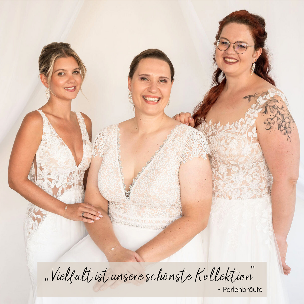 Brautohrringe Anastasia in Gold, Silber und Roségold – vegane Perlen mit white opal oder klaren Kristallen, handgefertigt, getragen von drei unterschiedlichen Bräuten