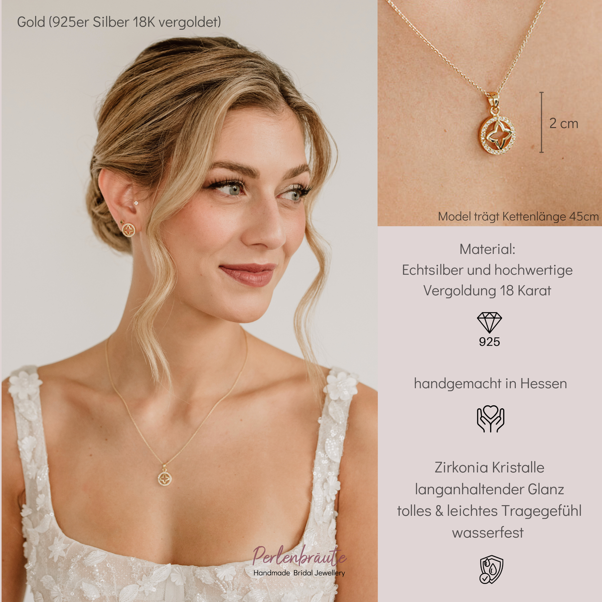 Brauthalskette Olivia aus 925 Sterlingsilber 18K vergoldet mit rundem Anhänger und Zirkonia-Kristallrand und ausgeschnittenem Sternmotiv in der Mitte, handgefertigt, getragen vom Model