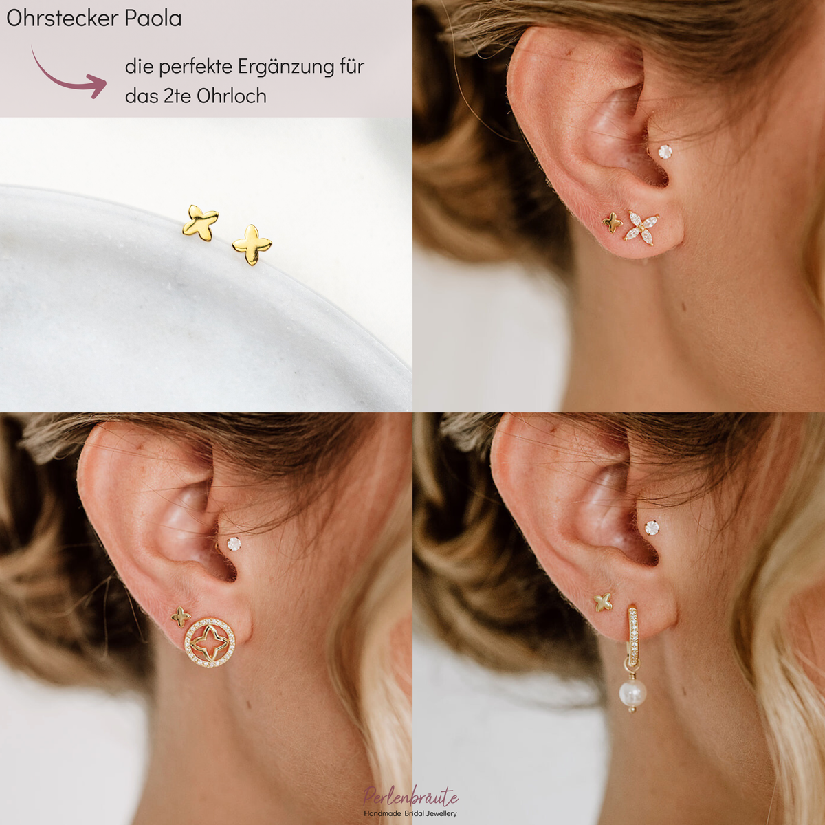 Braut Ohrstecker Paola im Vergleich – 925 Sterlingsilber 18K vergoldet und 925 Sterlingsilber, Sternform fürs zweite Ohrloch