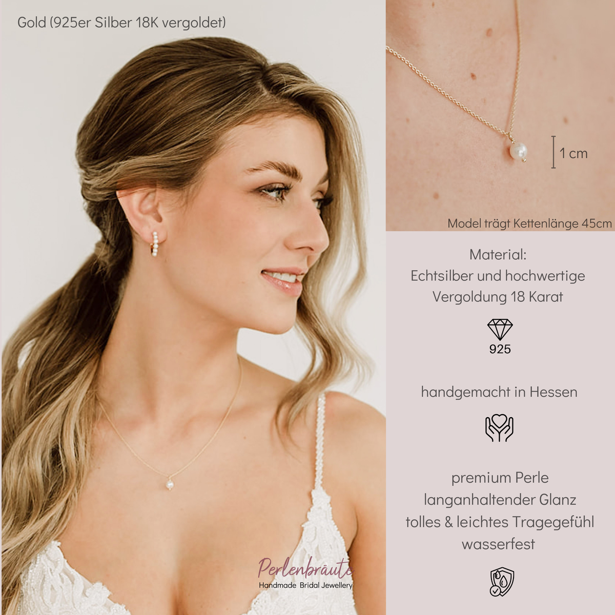 Schöne Braut Perlenkette Perla aus 925 Sterlingsilber 18K vergoldet mit veganer Perle 6mm, von einer Braut getragen