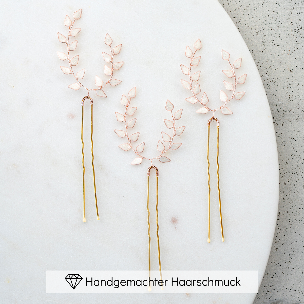 Wunderschöne Braut Haarnadeln Lana in Roségold – florales 3er Set mit ivoryfarbenen Blättern